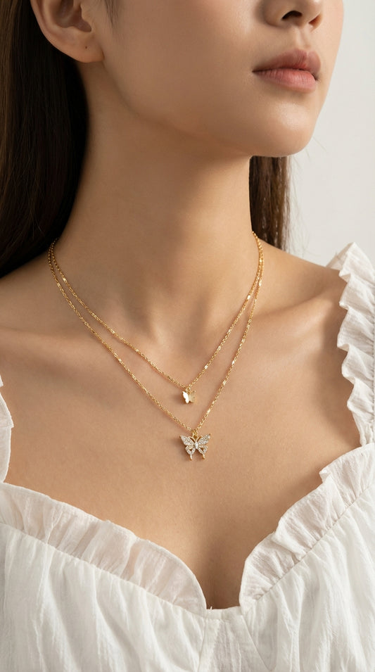 Double Layer Clavicle Chain Necklace Jewelry Zircon Butterfly Pendant Necklace (Gold)